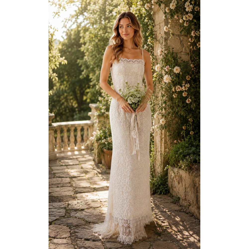 Vintage Gunne Sax Wedding Dress Ivory Lace Spaghetti Strap Maxi Gown Cottagecore